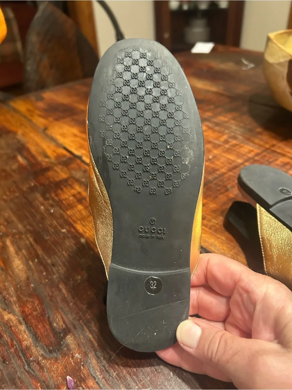 Gucci Girls Princeton Gold Leather Slingback Mules with Mismatched Motifs